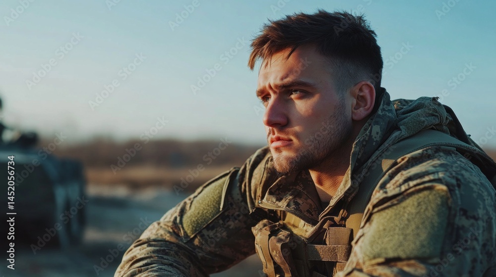 Obraz premium A soldier sits on a tank, gazing contemplatively into the distance as the sun sets. He wears combat gear and appears deep in thought, embodying the weight of his responsibilities