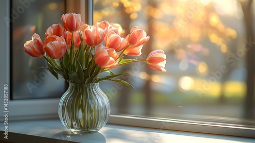 Tulips in a glass vase on a window sill with soft sunlight