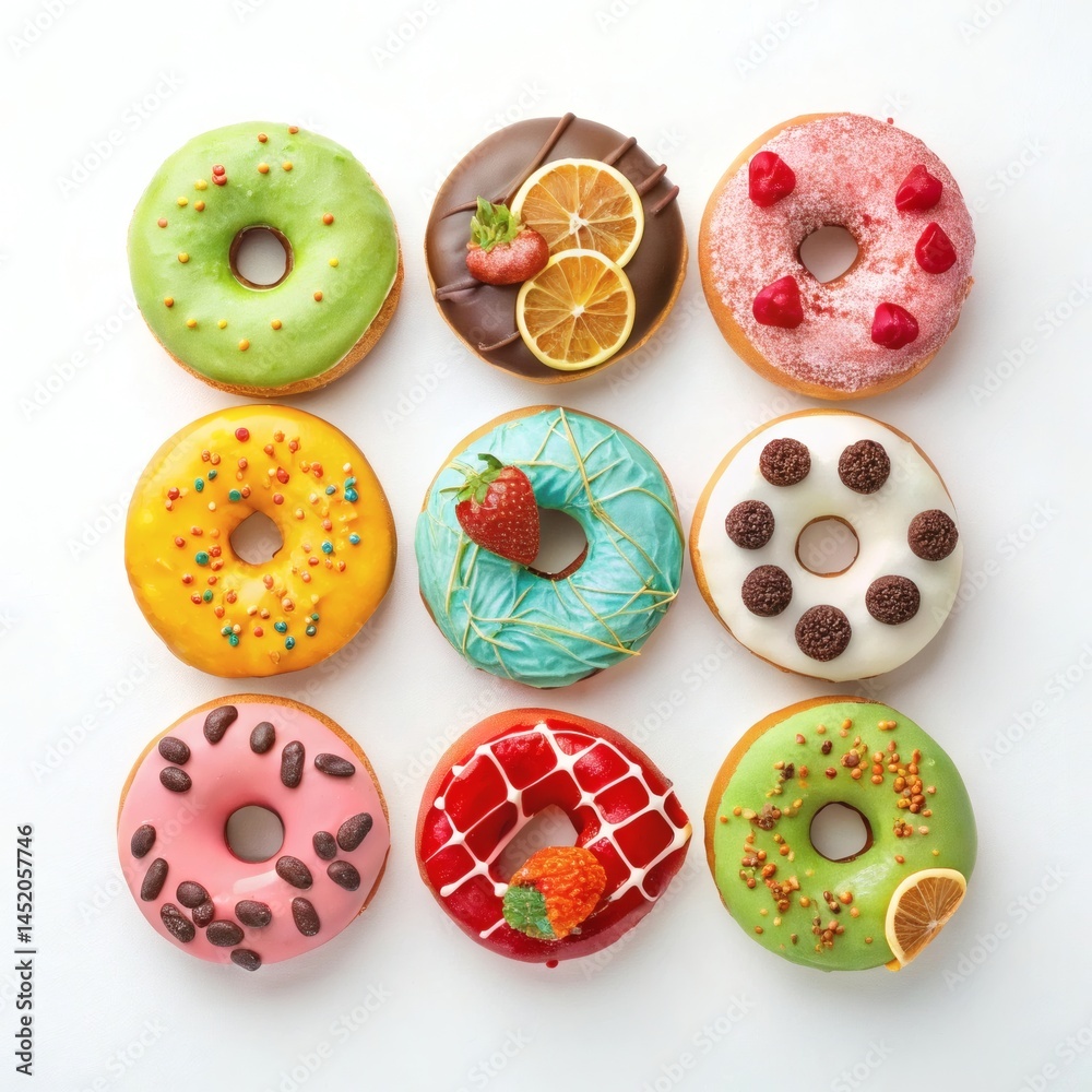 Fototapeta premium Colorful donuts with various toppings, creating a vibrant and tempting arrangement. Perfect for bakery, dessert, or food-related projects.
