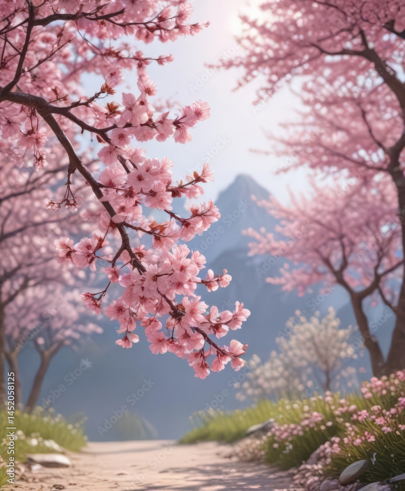 Delicate pink cherry blossoms frame a vibrant spring scene , blossom, delicate flowers Delicate pink cherry blossoms frame a vibrant spring scene , blossom, delicate flowers
