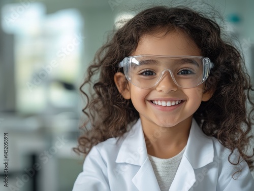 Happy Hispanic girl in lab coat and safety glasses in laboratory