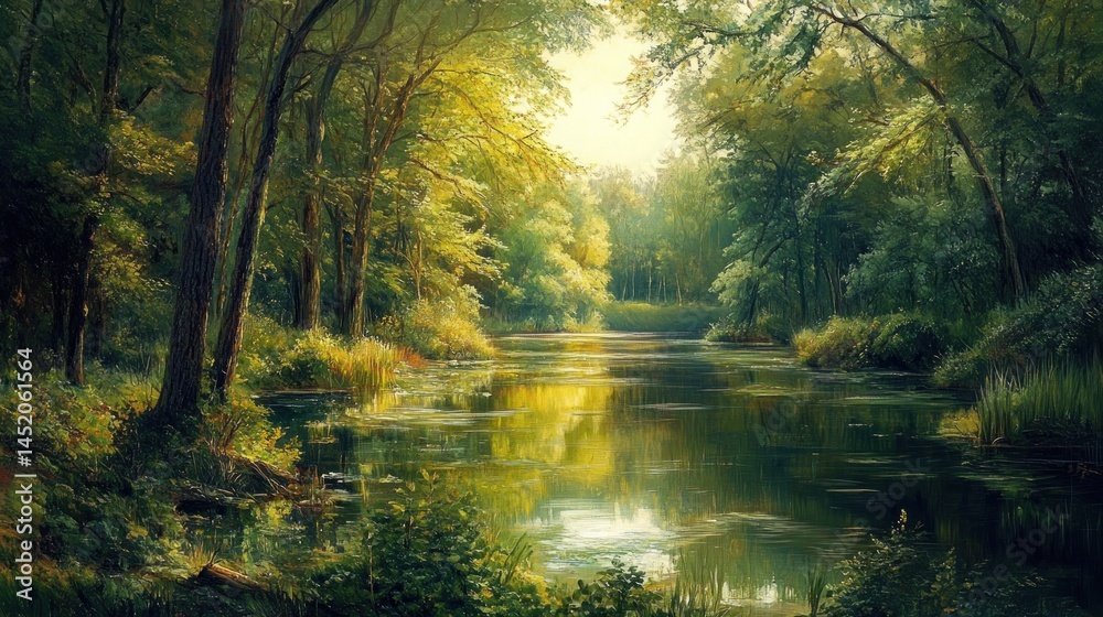 Obraz premium Serene forest river scene, sunlight filtering through trees.