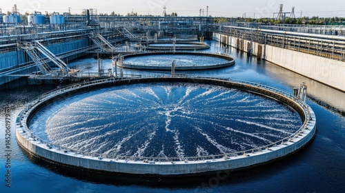 Aerial view of a modern wastewater treatment facility with circular tanks and clear water