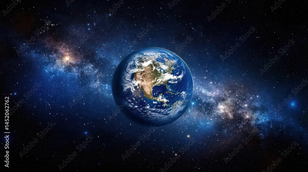 Obraz premium Image of the Earth in space, against a galaxy and nebula background.