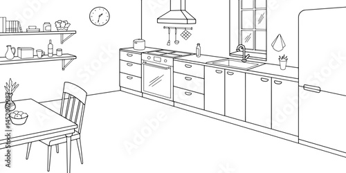 Kitchen room graphic black white home interior sketch illustration vector 