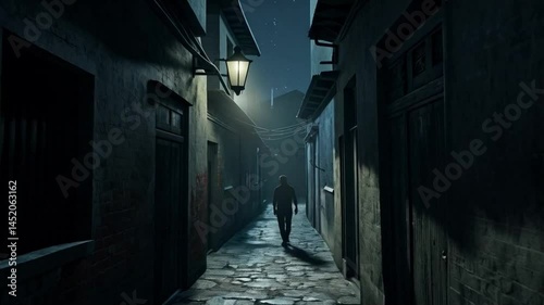 A man walks along the quiet country road at night, moonlight casting shadows around him.
