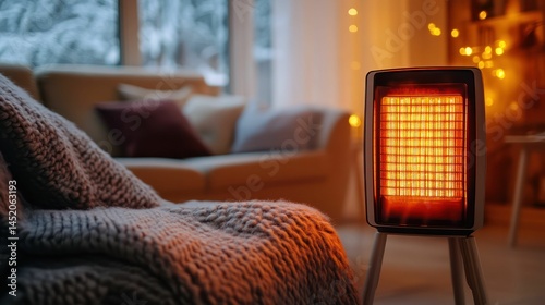Cozy room with a glowing heater, warm blanket, and a winter scene outside.