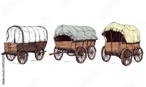 Vintage Wild West Pioneer Wagons Sketch Set in Minimalist Tattoo Style Vector Illustration
