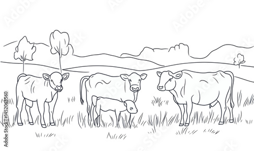 Continuous Line Drawing of Cows and Calf Grazing in Pasture - Minimalist Vector Illustration of Farm Life and Agriculture