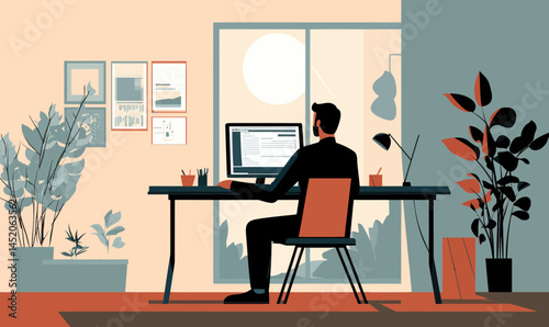 Remote Work Efficiency: Minimalist Flat Vector of Man Working from Home Office