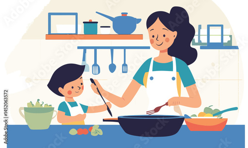 Mother and Child Cooking Together in Minimalist Style Kitchen Vector