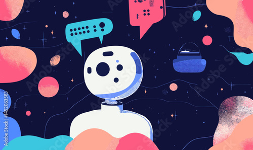 AI Chatbot Illustration with Neural Network and Speech Bubbles in Abstract Style