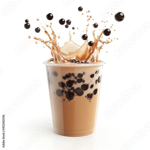 A cup of black pearl milk tea beverage splash bubble. photo