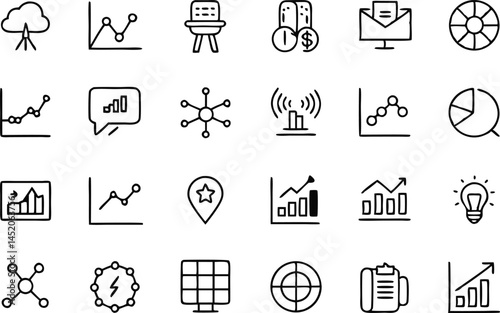 Comprehensive analysis icon set featuring a collection of outline style vector symbols ideal for presenting data insights reports graphs and analytical web interfaces