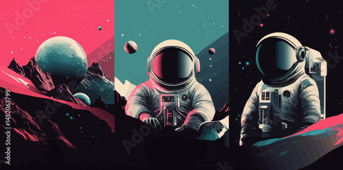 Futuristic Astronaut in Geometric Space Landscape Vector Illustration