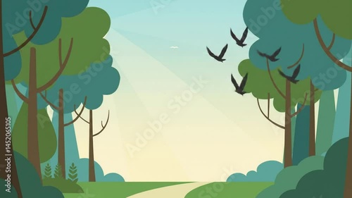 Cartoon Forest Path with Passing Birds: An Optimistic Journey Through Nature's Embrace, Perfect for Animated Stories and Tranquil Visuals, Evoking Serenity and Adventure Ahead