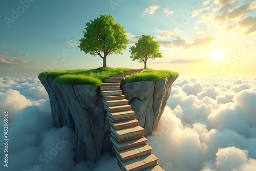Floating island in the sky with stairs to heaven fantasy landscape dreamlike ethereal scenery peaceful scene silhouette