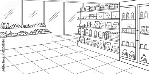 Grocery store shop interior black white graphic sketch illustration vector 