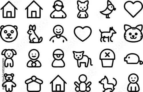 Adorable outline icon set representing child and pet activities ideal for parenting blogs educational material and playful content in digital or printed formats