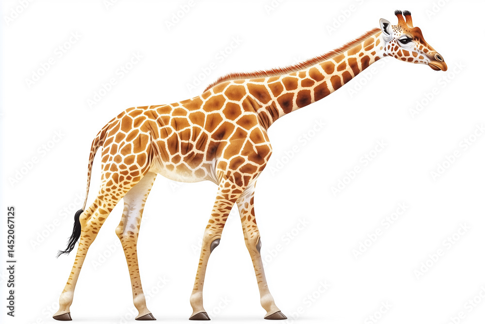 Fototapeta premium A majestic giraffe stands tall, showcasing its unique patterned coat and towering height, a symbol of the African wilderness.