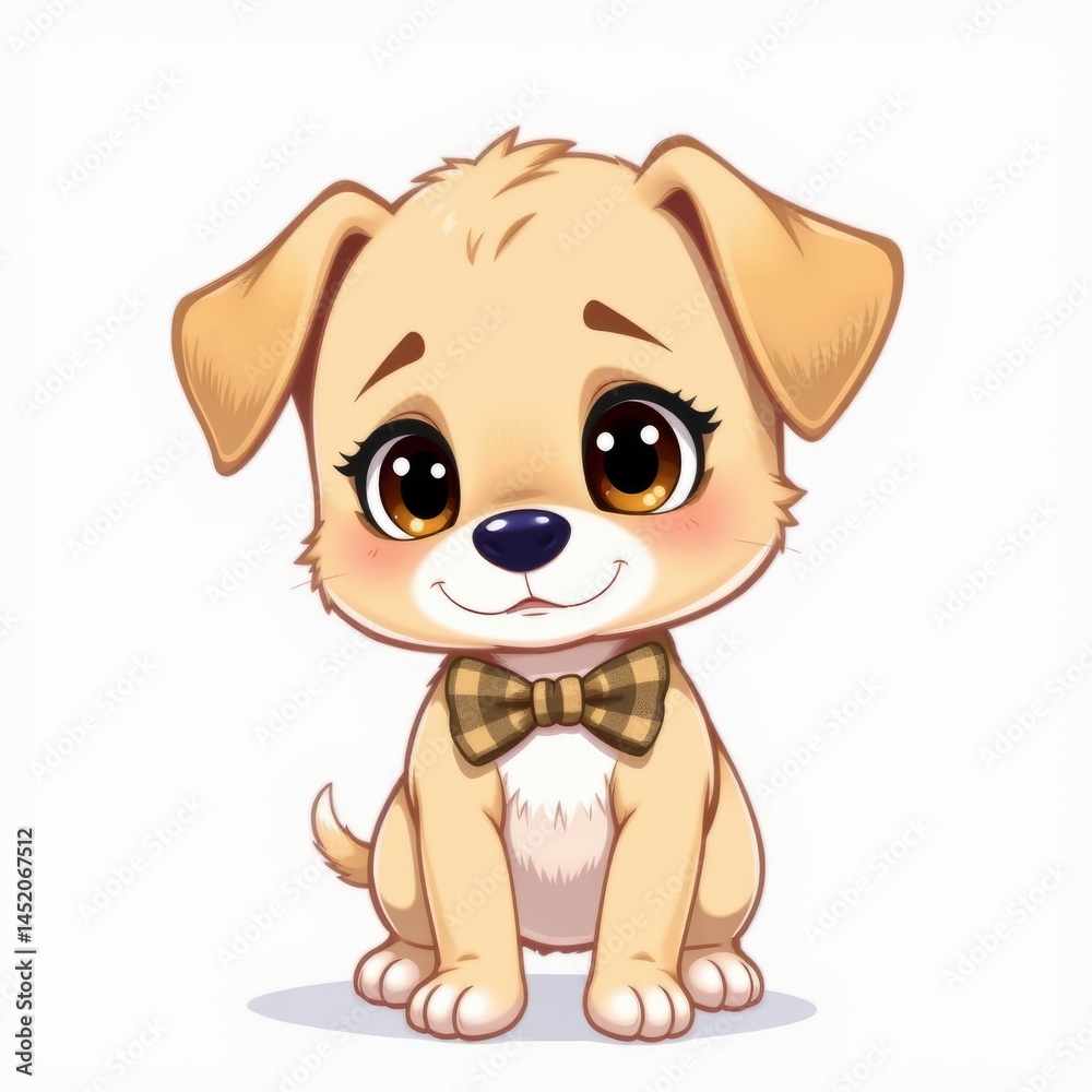 Fototapeta premium 2D style, adorable puppy wearing patterned bow tie with big brown eyes, crisp white background