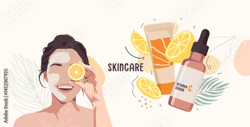 Vector of a smiling woman with a facial mask and lemon slice, next to skincare tube and vitamin C serum surrounded by citrus fruits. Ideal for beauty, skin health, and natural cosmetic themes