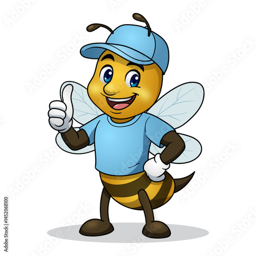 Bee Mascot wearing a blue cap and t-shirt cartoon character design 