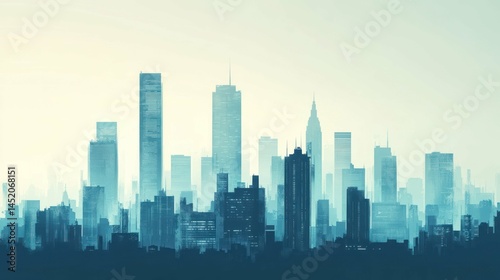 Urban cityscape in blue, featuring a hazy city skyline with skyscrapers.
