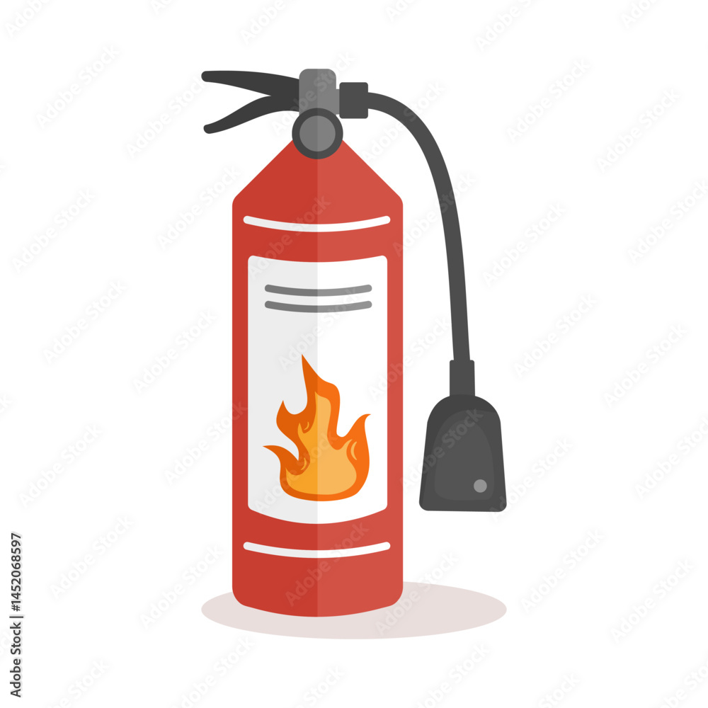 Obraz premium Red fire extinguisher with flame symbol. Safety equipment for emergency and fire protection. Vector illustration isolated on white background.