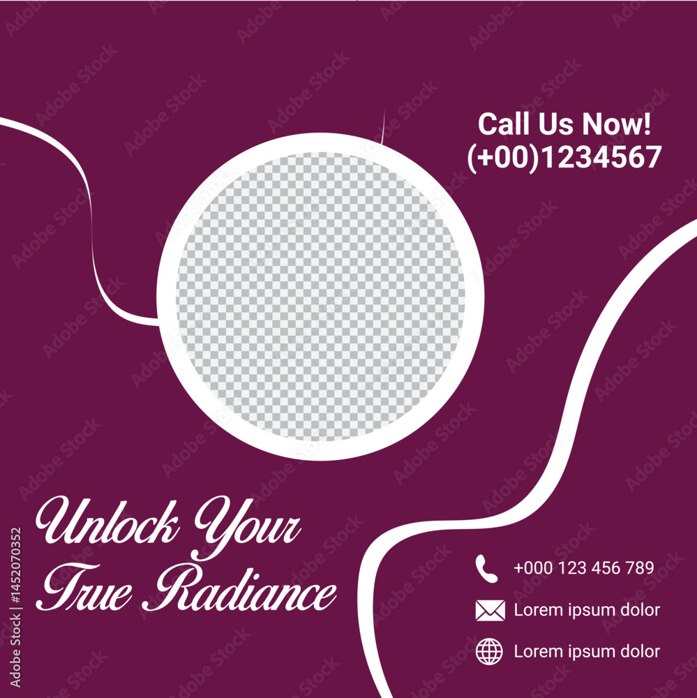 Radiant Beauty Template For Social Media Post With Purple Background And Image Placeholder
