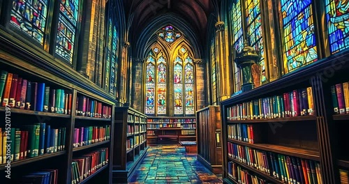 A serene library interior with colorful stained glass windows illuminating rows of books