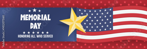 Memorial Day with USA flag and golden star banner design vector illustration.