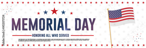 Memorial Day and honoring all who served text, with USA flag banner design, white background vector illustration.