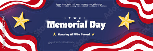 Memorial Day and honoring all who served text, with USA flag and golden star banner design vector.