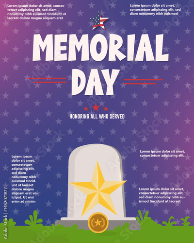 Memorial Day and Golden stars placed on a Military Headstone, poster, banner design, flat art vector illustration.