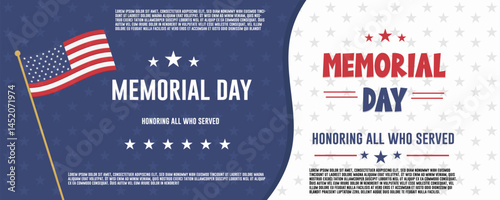 Memorial Day and honoring all who served text, with USA flag horizontal banner design vector.