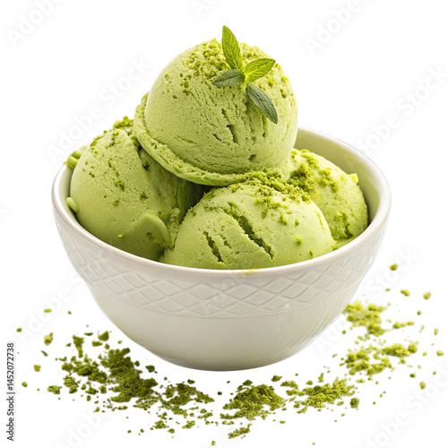 Matcha green tea ice cream in ceramic dish with vibrant color and rich creamy texture.