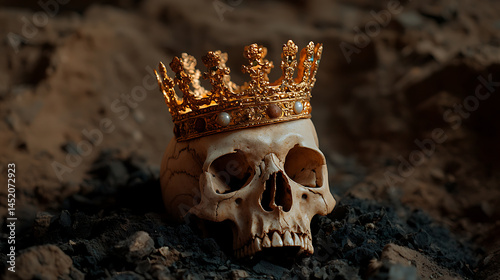 Memento Mori: Skull crowned in gold, resting on earth. A powerful symbol of mortality and the ephemeral nature of earthly power.