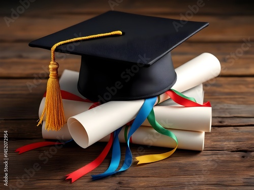 Graduation cap and diploma on a wooden table