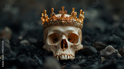 A human skull, bleached with age, set against a dark, rocky backdrop. An ornate crown sits atop the skull, representing fallen royalty.