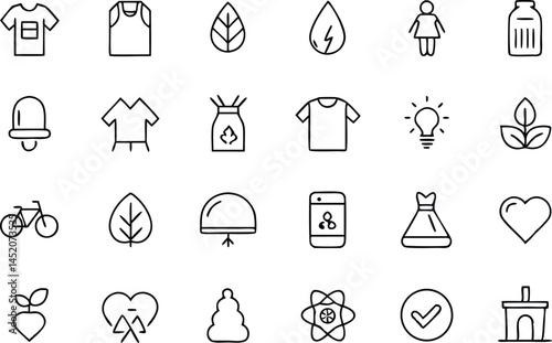 Outline icon set dedicated to sustainable fashion concepts great for eco friendly product designs marketing campaigns and clothing brand visuals focused on sustainability