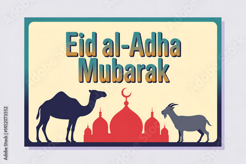 Eid al Adha Greeting with Camel, Goat, and Mosque Domes
