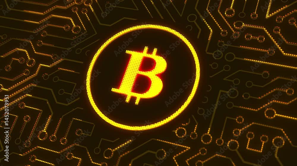 digital cryptocurrency bitcoin glowing circuit board flow 4k animation