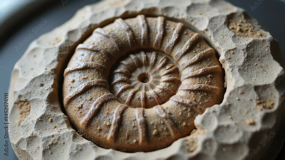 Fossilized ammonite shell close-up on a textured surface Fossilized ammonite shell close-up on a textured surface