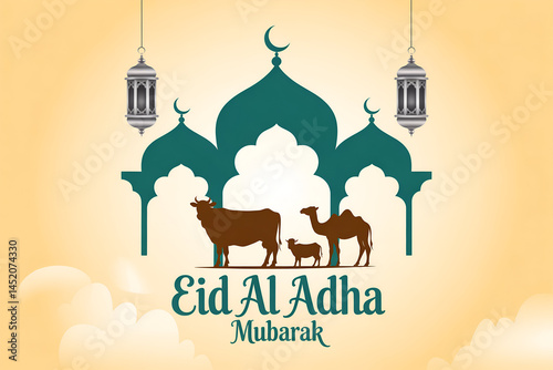 Eid al Adha Greeting with Teal Domes and Animal Silhouettes