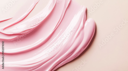 Smooth pink cosmetic cream or makeup foundation smeared on a soft beige background. Generative AI