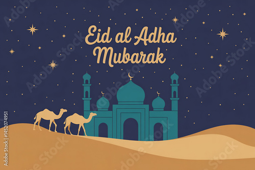 Eid al Adha Night Mosque with Camel Silhouettes and Stars