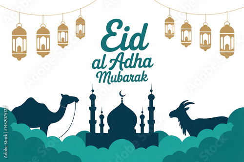 Eid al Adha Greeting with Hanging Lanterns and Mosque Silhouette