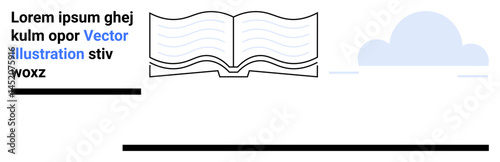 Open book with stylized lines, minimal cloud illustration, and placeholder text. Ideal for education, literature, reading, creativity, inspiration, storytelling and simple landing page