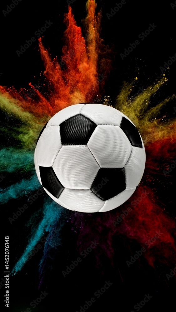 Fototapeta premium Soccer ball with coloured powder explosion.